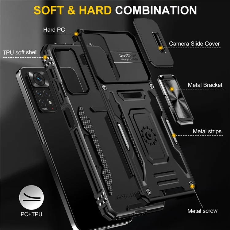 Serie Armor para Xiaomi Redmi Note 12 Pro 4G / 11 Pro 4G (MediaTek) / Note 11 Pro 5G (Qualcomm) Funda Protectora de Cámara Deslizante con Soporte Integrado Cubierta Resistente al Impacto de PC + TPU - Negro