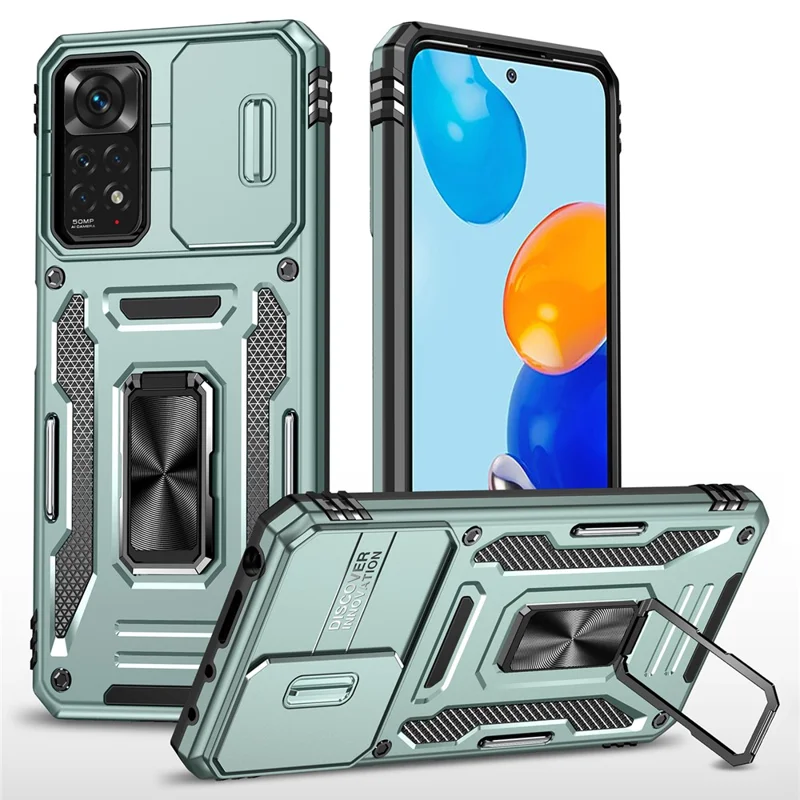 Série Armor para Xiaomi Redmi Note 12 Pro 4G / 11 Pro 4G (MediaTek) / Note 11 Pro 5G (Qualcomm) Capa de Proteção com Suporte Giratório e Proteção Deslizante para Câmara PC + TPU Resistente a Impactos - Verde