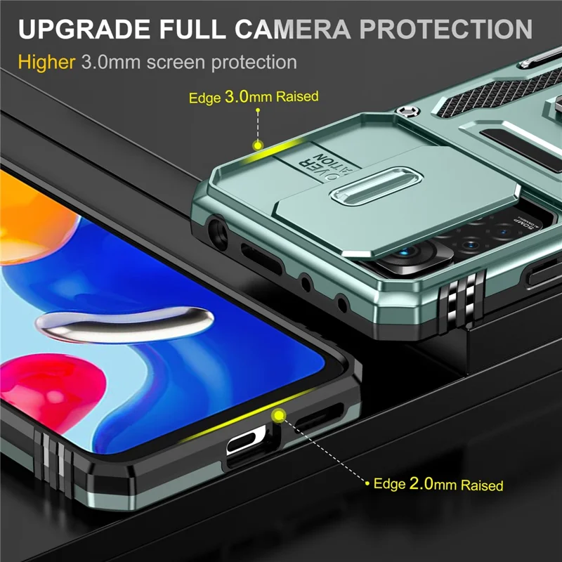 Série Armor para Xiaomi Redmi Note 12 Pro 4G / 11 Pro 4G (MediaTek) / Note 11 Pro 5G (Qualcomm) Capa de Proteção com Suporte Giratório e Proteção Deslizante para Câmara PC + TPU Resistente a Impactos - Verde