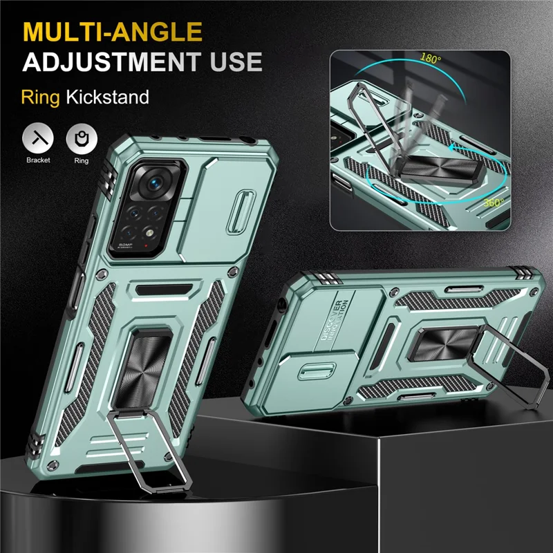 Série Armor para Xiaomi Redmi Note 12 Pro 4G / 11 Pro 4G (MediaTek) / Note 11 Pro 5G (Qualcomm) Capa de Proteção com Suporte Giratório e Proteção Deslizante para Câmara PC + TPU Resistente a Impactos - Verde