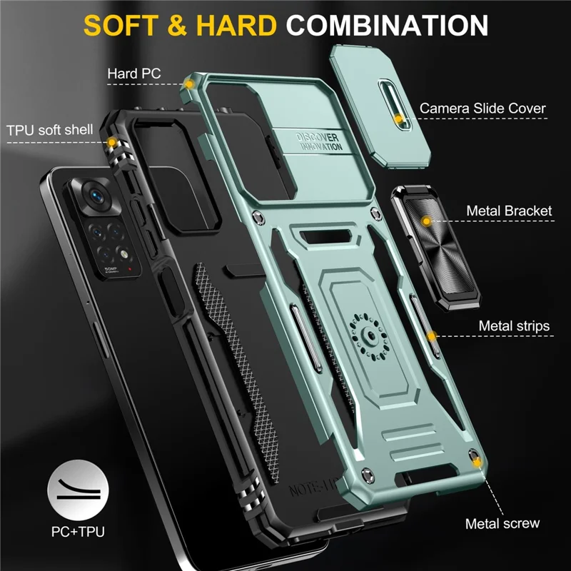Série Armor para Xiaomi Redmi Note 12 Pro 4G / 11 Pro 4G (MediaTek) / Note 11 Pro 5G (Qualcomm) Capa de Proteção com Suporte Giratório e Proteção Deslizante para Câmara PC + TPU Resistente a Impactos - Verde