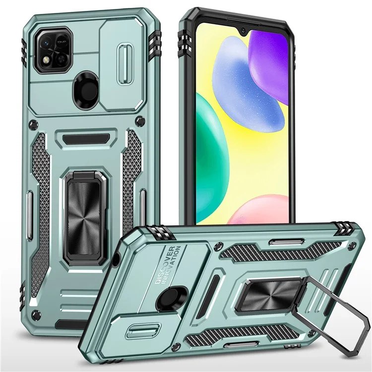 Armor Series for Xiaomi Redmi 9C / 9C NFC / 10A Shockproof Cellphone Shell, Slide Camera Protector Kickstand Phone Case PC + TPU Protective Cover - Green