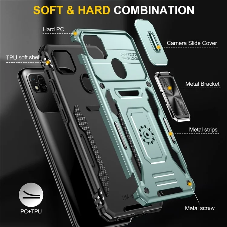 Armor Series for Xiaomi Redmi 9C / 9C NFC / 10A Shockproof Cellphone Shell, Slide Camera Protector Kickstand Phone Case PC + TPU Protective Cover - Green