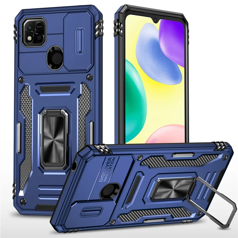 Armor Series for Xiaomi Redmi 9C / 9C NFC / 10A Shockproof Cellphone Shell, Slide Camera Protector Kickstand Phone Case PC + TPU Protective Cover - Navy Blue