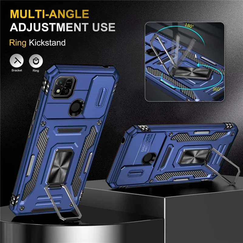 Armor Series for Xiaomi Redmi 9C / 9C NFC / 10A Shockproof Cellphone Shell, Slide Camera Protector Kickstand Phone Case PC + TPU Protective Cover - Navy Blue