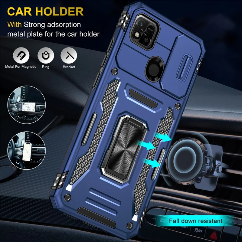 Armor Series for Xiaomi Redmi 9C / 9C NFC / 10A Shockproof Cellphone Shell, Slide Camera Protector Kickstand Phone Case PC + TPU Protective Cover - Navy Blue