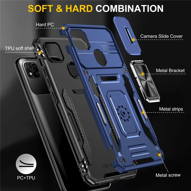 Armor Series for Xiaomi Redmi 9C / 9C NFC / 10A Shockproof Cellphone Shell, Slide Camera Protector Kickstand Phone Case PC + TPU Protective Cover - Navy Blue