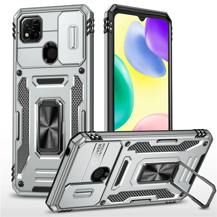 Armor Series for Xiaomi Redmi 9C / 9C NFC / 10A Shockproof Cellphone Shell, Slide Camera Protector Kickstand Phone Case PC + TPU Protective Cover - Grey