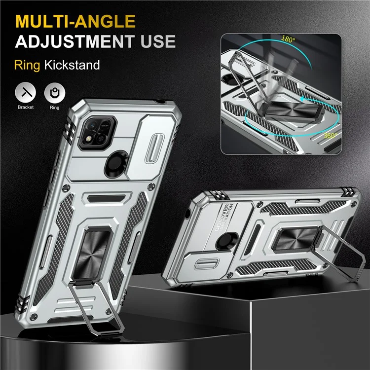 Armor Series for Xiaomi Redmi 9C / 9C NFC / 10A Shockproof Cellphone Shell, Slide Camera Protector Kickstand Phone Case PC + TPU Protective Cover - Grey