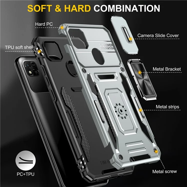 Armor Series for Xiaomi Redmi 9C / 9C NFC / 10A Shockproof Cellphone Shell, Slide Camera Protector Kickstand Phone Case PC + TPU Protective Cover - Grey