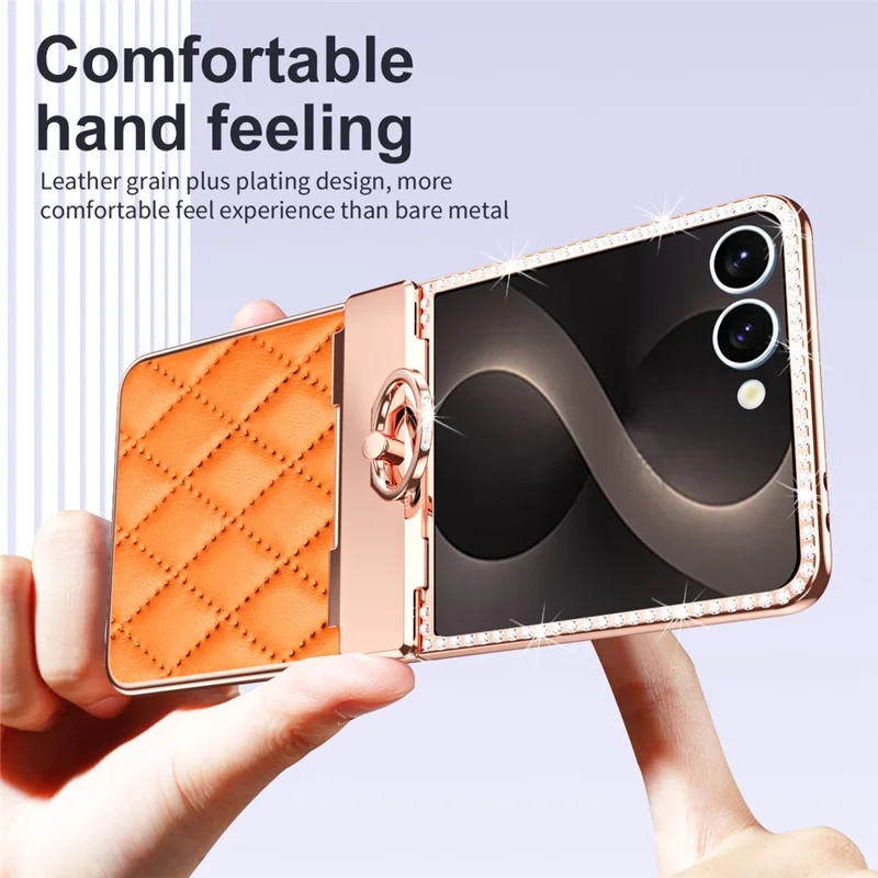 Capa para Samsung Galaxy Z Flip8 com Cristais, Pele + PC, Capa para Telemóvel com Design em Losango e Película de Vidro Temperado - Laranja
