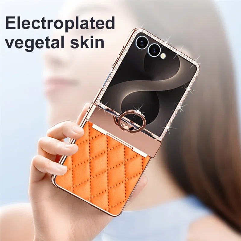 Capa para Samsung Galaxy Z Flip8 com Cristais, Pele + PC, Capa para Telemóvel com Design em Losango e Película de Vidro Temperado - Laranja