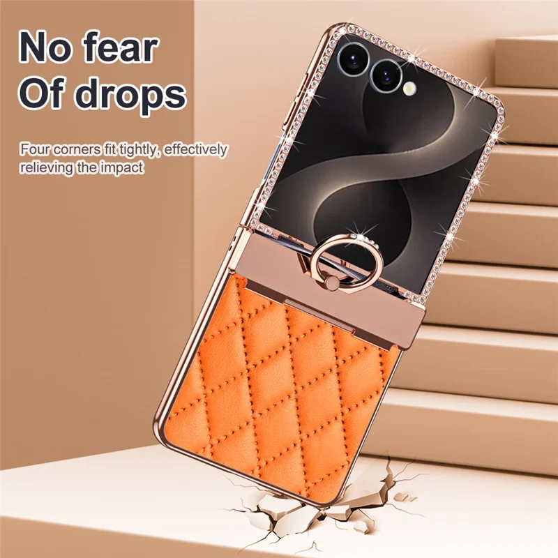 Capa para Samsung Galaxy Z Flip8 com Cristais, Pele + PC, Capa para Telemóvel com Design em Losango e Película de Vidro Temperado - Laranja