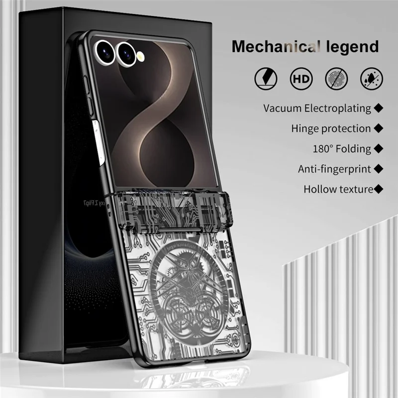 Capa para Samsung Galaxy Z Flip8 Modelo Mechanical Legend com Revestimento Electrolítico em PC com Película Traseira - Preto