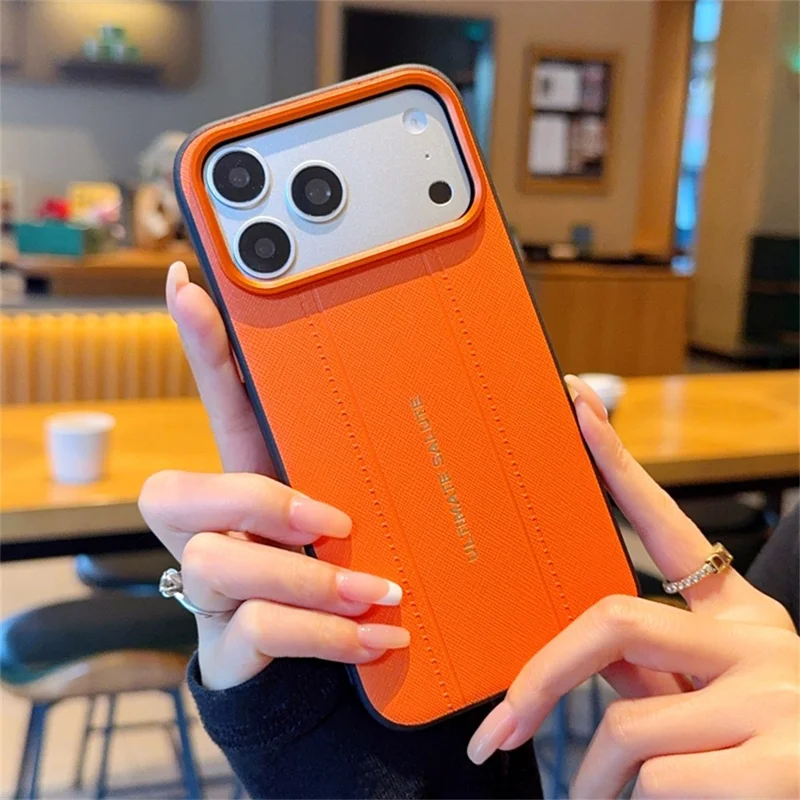For iPhone 17 Pro Max Case Leather Texture PC + TPU Anti-slip Phone Protective Cover - Orange