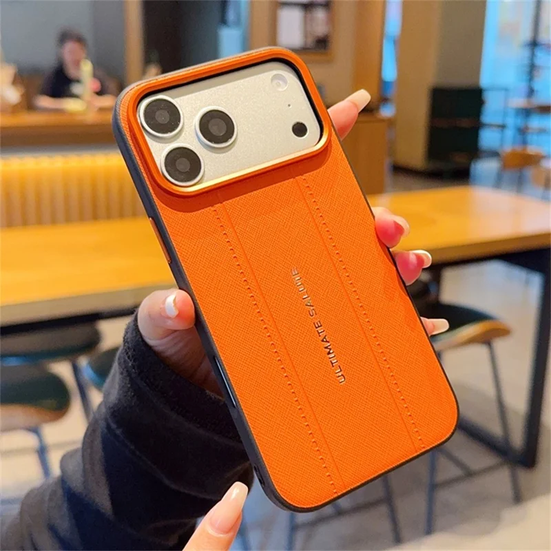 For iPhone 17 Pro Max Case Leather Texture PC + TPU Anti-slip Phone Protective Cover - Orange