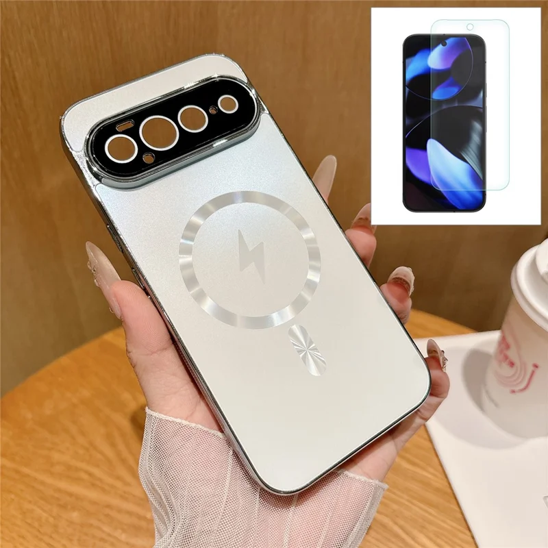 For Google Pixel 11 Pro XL Magnetic Case Electroplated Matte PC TPU Phone Cover with Tempered Glass Film - White