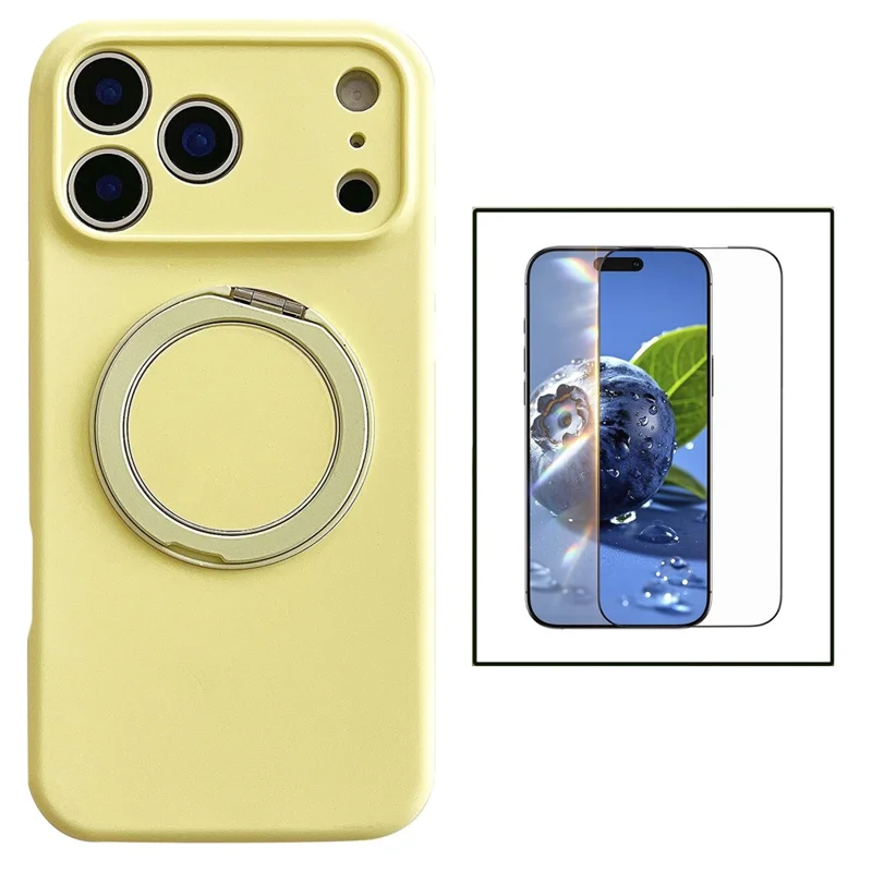 For iPhone 17 Pro Magnetic Case Rotatable Kickstand Liquid Silicone Phone Cover with Tempered Glass Screen Protector - Cream Yellow