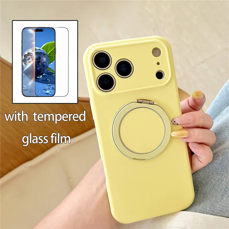 For iPhone 17 Pro Magnetic Case Rotatable Kickstand Liquid Silicone Phone Cover with Tempered Glass Screen Protector - Cream Yellow