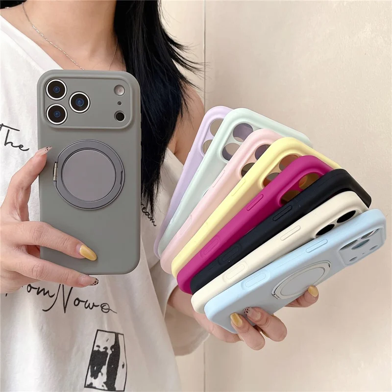 For iPhone 17 Pro Magnetic Case Rotatable Kickstand Liquid Silicone Phone Cover with Tempered Glass Screen Protector - Cream Yellow