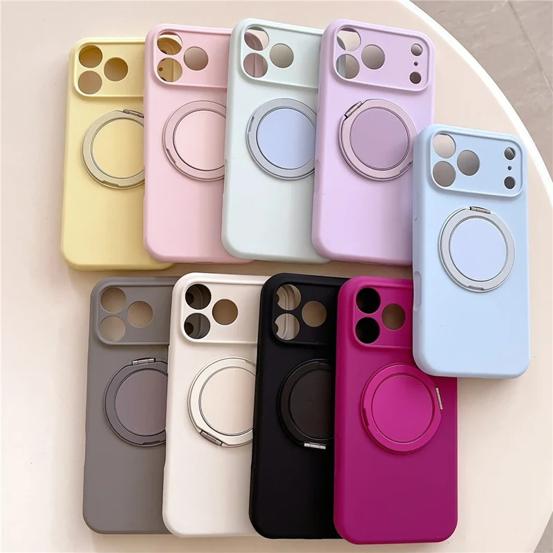 For iPhone 17 Pro Magnetic Case Rotatable Kickstand Liquid Silicone Phone Cover with Tempered Glass Screen Protector - Cream Yellow