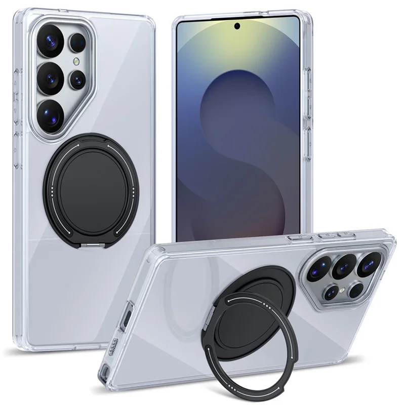 For Samsung Galaxy S25 Ultra Case Rotating Ring Holder Kickstand TPU + Acrylic Shockproof Phone Cover - White
