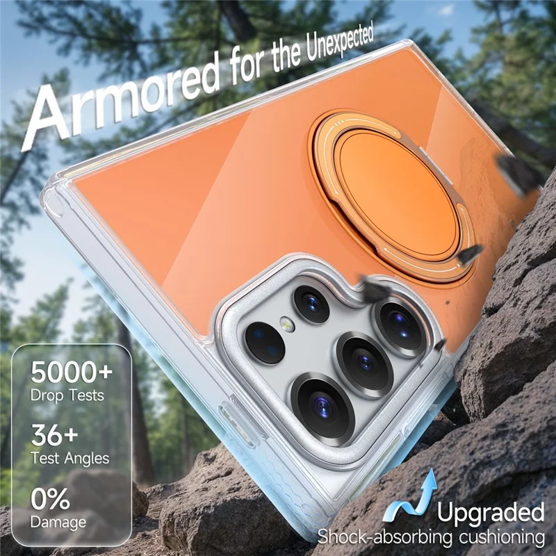 For Samsung Galaxy S24 Ultra Case Rotating Ring Holder Kickstand TPU + Acrylic Shockproof Phone Cover - Orange