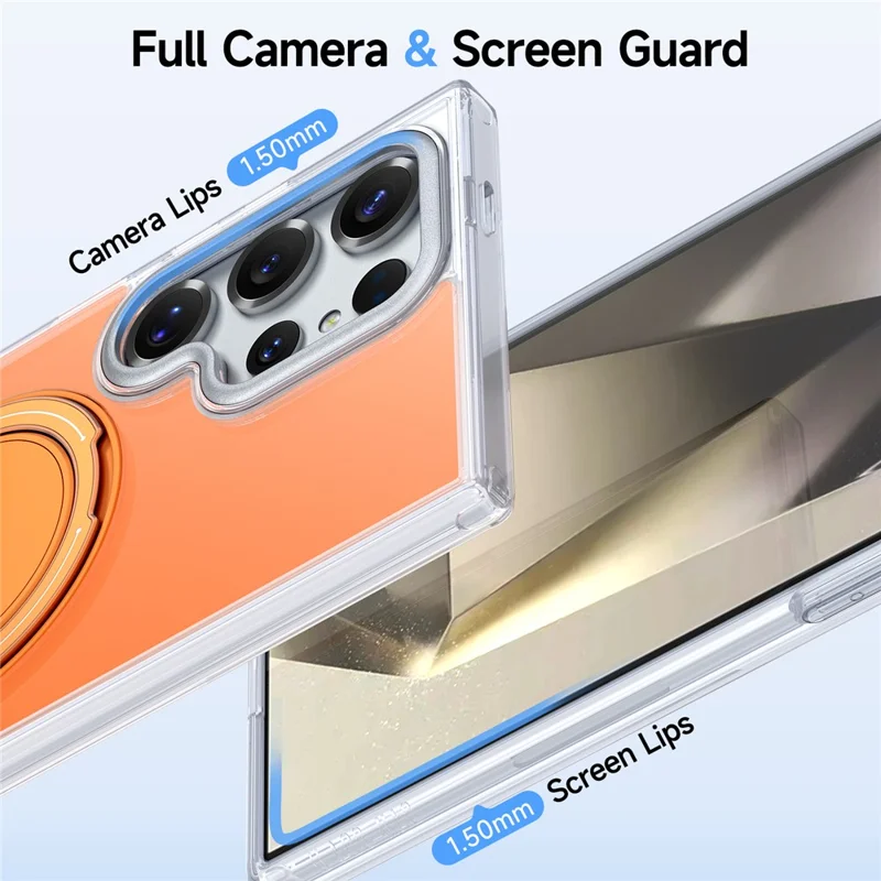 For Samsung Galaxy S24 Ultra Case Rotating Ring Holder Kickstand TPU + Acrylic Shockproof Phone Cover - Orange