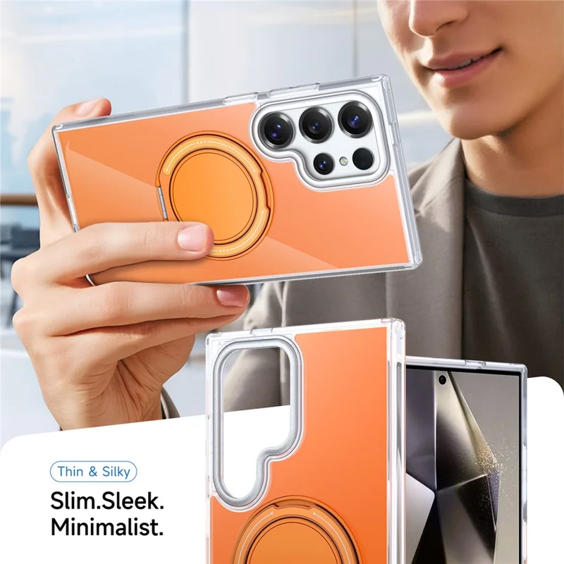 For Samsung Galaxy S24 Ultra Case Rotating Ring Holder Kickstand TPU + Acrylic Shockproof Phone Cover - Orange