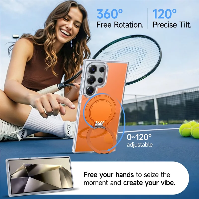 For Samsung Galaxy S24 Ultra Case Rotating Ring Holder Kickstand TPU + Acrylic Shockproof Phone Cover - Orange