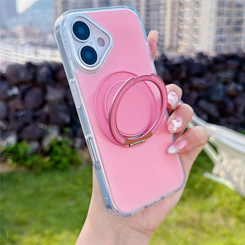 For iPhone 17 Case Rotating Ring Holder Kickstand TPU + Acrylic Shockproof Phone Cover - Pink