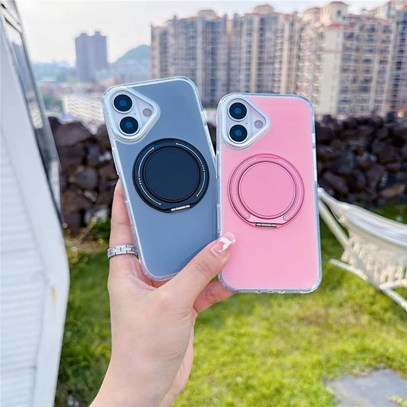 For iPhone 17 Case Rotating Ring Holder Kickstand TPU + Acrylic Shockproof Phone Cover - Pink