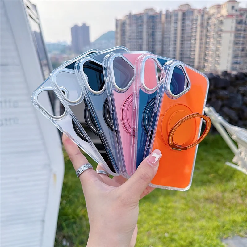 For iPhone 17 Case Rotating Ring Holder Kickstand TPU + Acrylic Shockproof Phone Cover - Pink