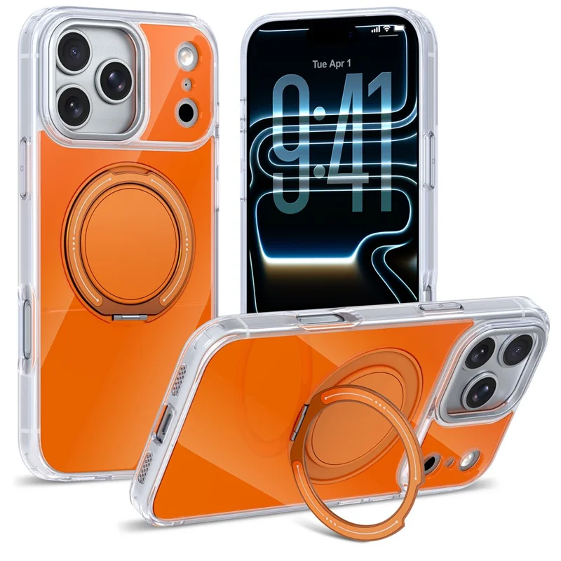 For iPhone 17 Pro Max Case Rotating Ring Holder Kickstand TPU + Acrylic Shockproof Phone Cover - Orange