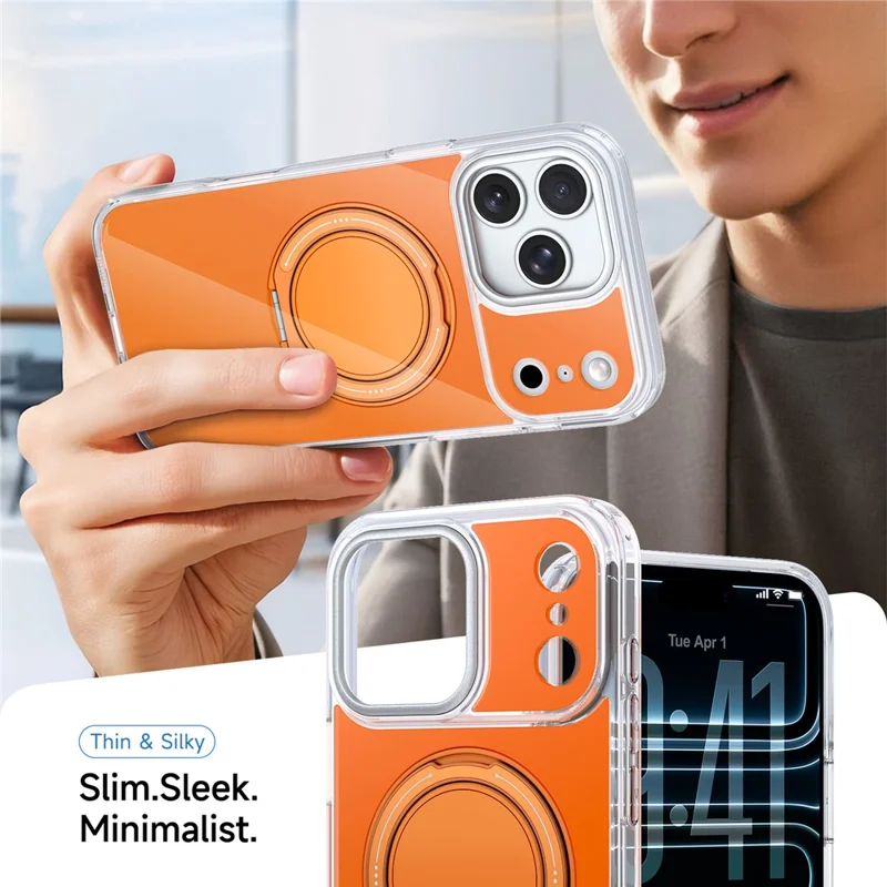 For iPhone 17 Pro Max Case Rotating Ring Holder Kickstand TPU + Acrylic Shockproof Phone Cover - Orange