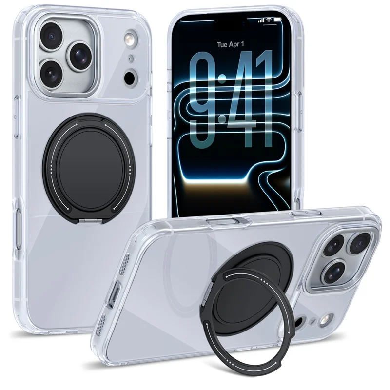 For iPhone 17 Pro Case Rotating Ring Holder Kickstand TPU + Acrylic Shockproof Phone Cover - White