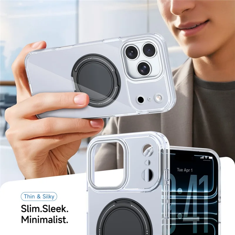 For iPhone 17 Pro Case Rotating Ring Holder Kickstand TPU + Acrylic Shockproof Phone Cover - White