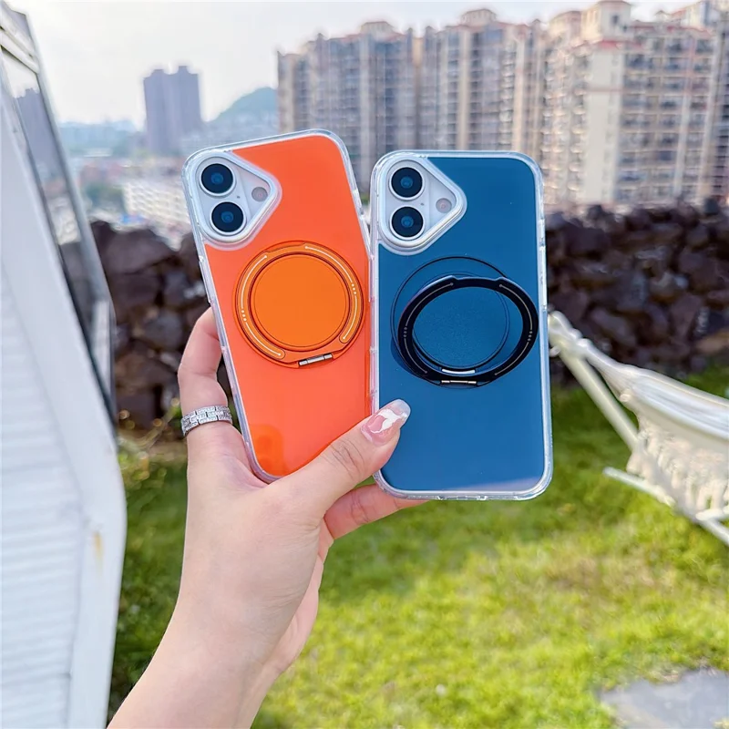 For iPhone 16 Case Rotating Ring Holder Kickstand TPU + Acrylic Shockproof Phone Cover - Black