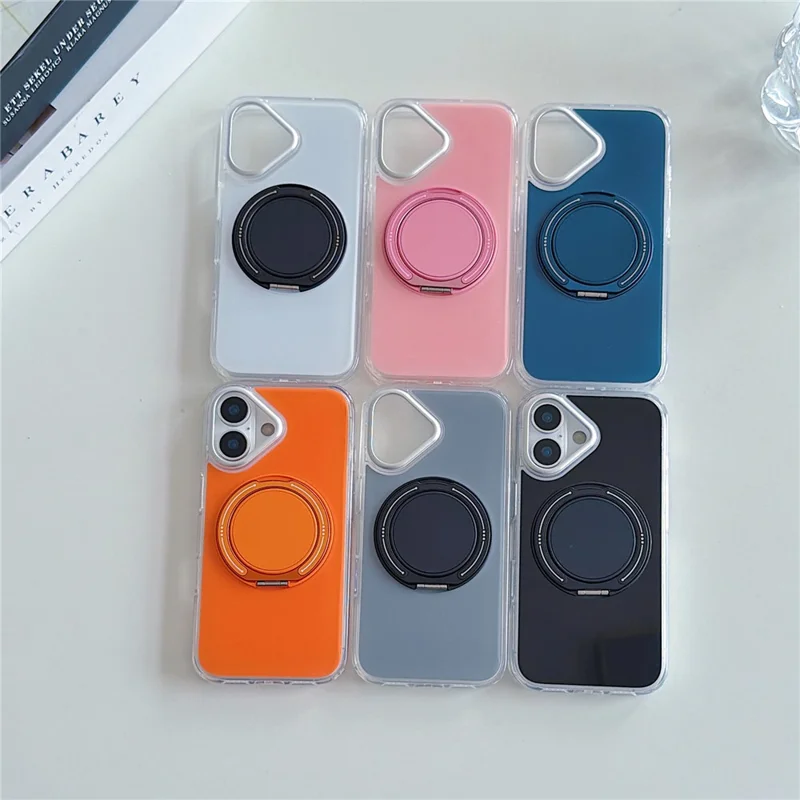 For iPhone 16 Case Rotating Ring Holder Kickstand TPU + Acrylic Shockproof Phone Cover - Black