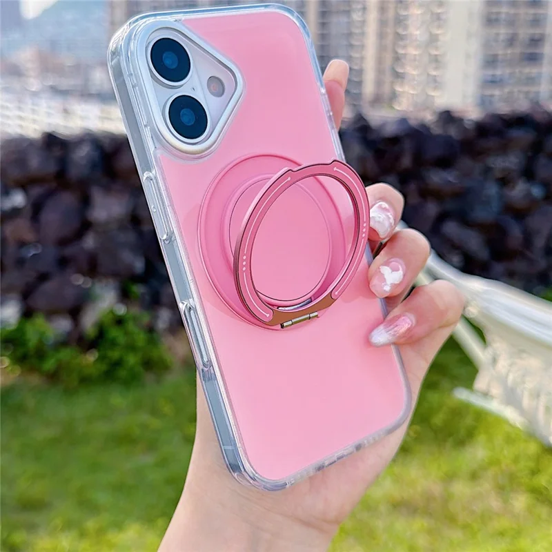 For iPhone 16 Plus Case Rotating Ring Holder Kickstand TPU + Acrylic Shockproof Phone Cover - Pink