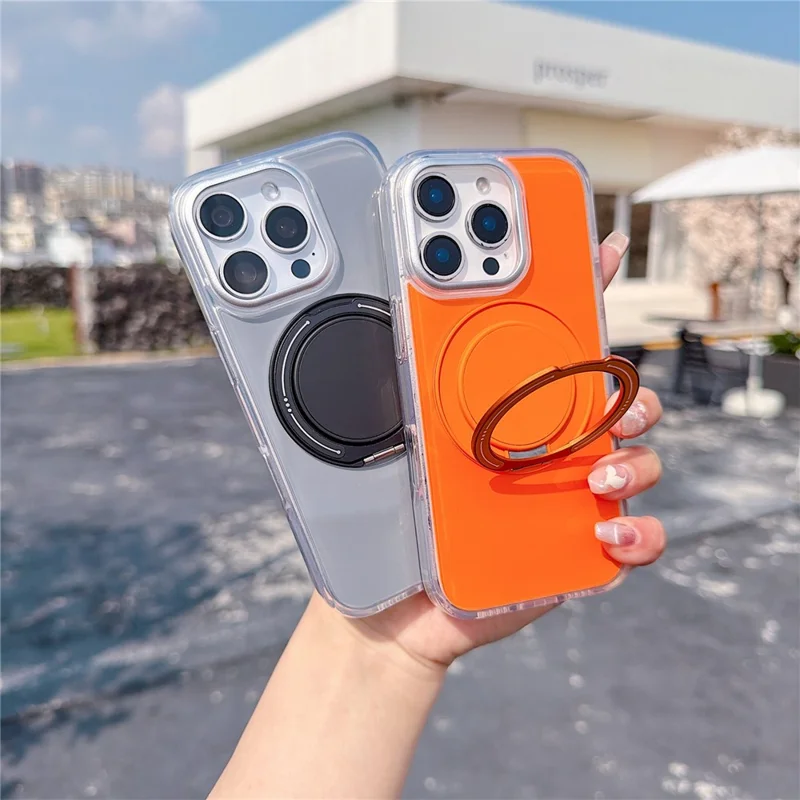 For iPhone 16 Pro Max Case Rotating Ring Holder Kickstand TPU + Acrylic Shockproof Phone Cover - Grey