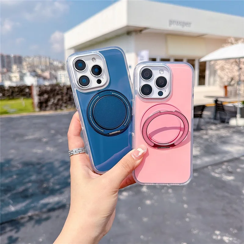 For iPhone 16 Pro Max Case Rotating Ring Holder Kickstand TPU + Acrylic Shockproof Phone Cover - Grey