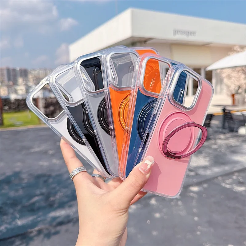 For iPhone 16 Pro Max Case Rotating Ring Holder Kickstand TPU + Acrylic Shockproof Phone Cover - Grey