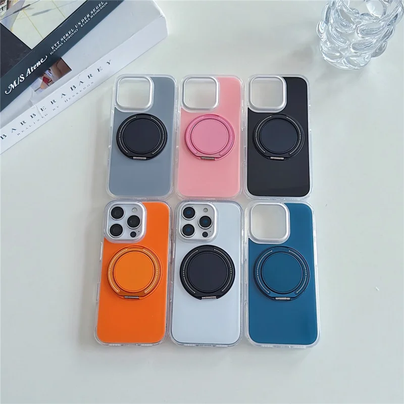For iPhone 16 Pro Max Case Rotating Ring Holder Kickstand TPU + Acrylic Shockproof Phone Cover - Grey