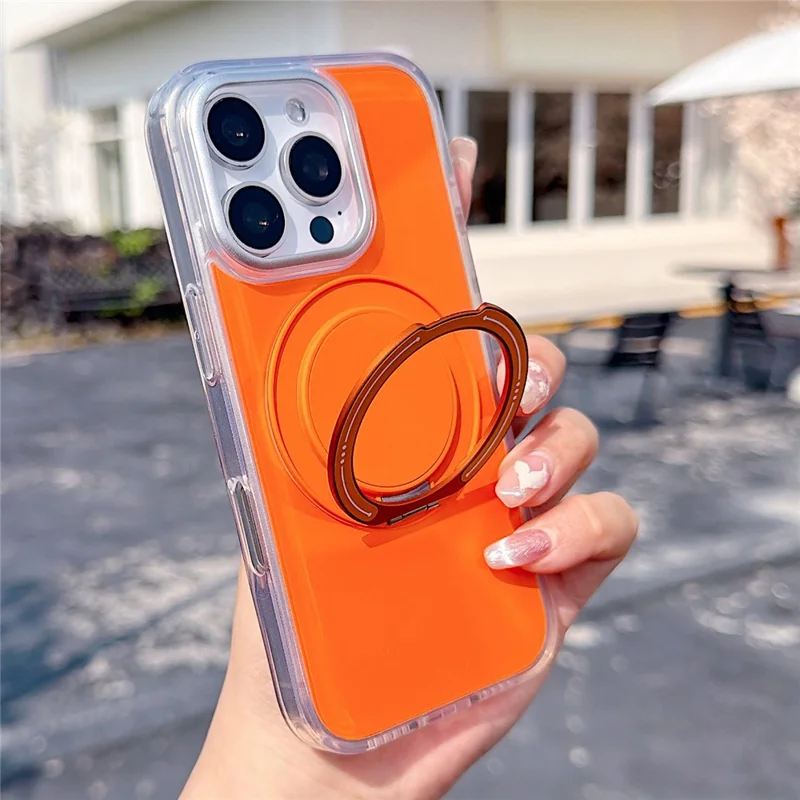 For iPhone 16 Pro Case Rotating Ring Holder Kickstand TPU + Acrylic Shockproof Phone Cover - Orange