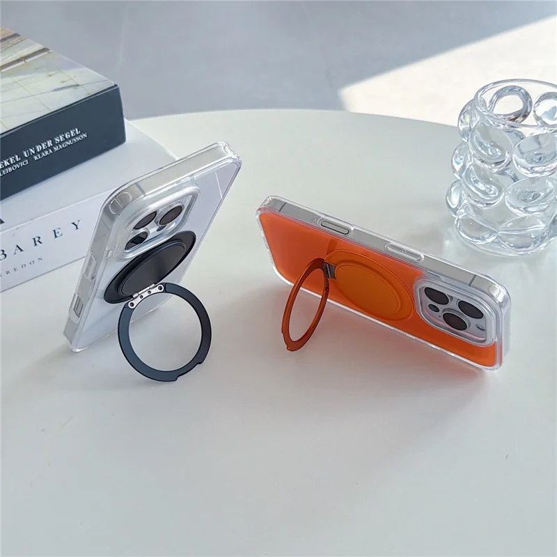For iPhone 16 Pro Case Rotating Ring Holder Kickstand TPU + Acrylic Shockproof Phone Cover - Orange