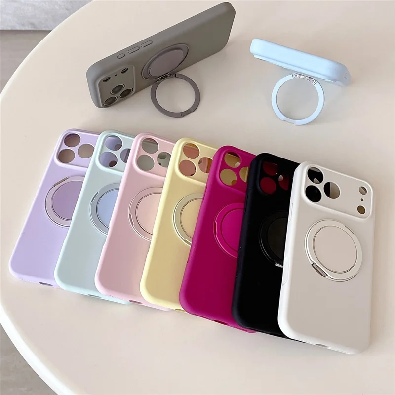 For iPhone 17 Pro Max Magnetic Case Rotatable Kickstand Liquid Silicone Phone Cover with Tempered Glass Screen Protector - Cream Yellow