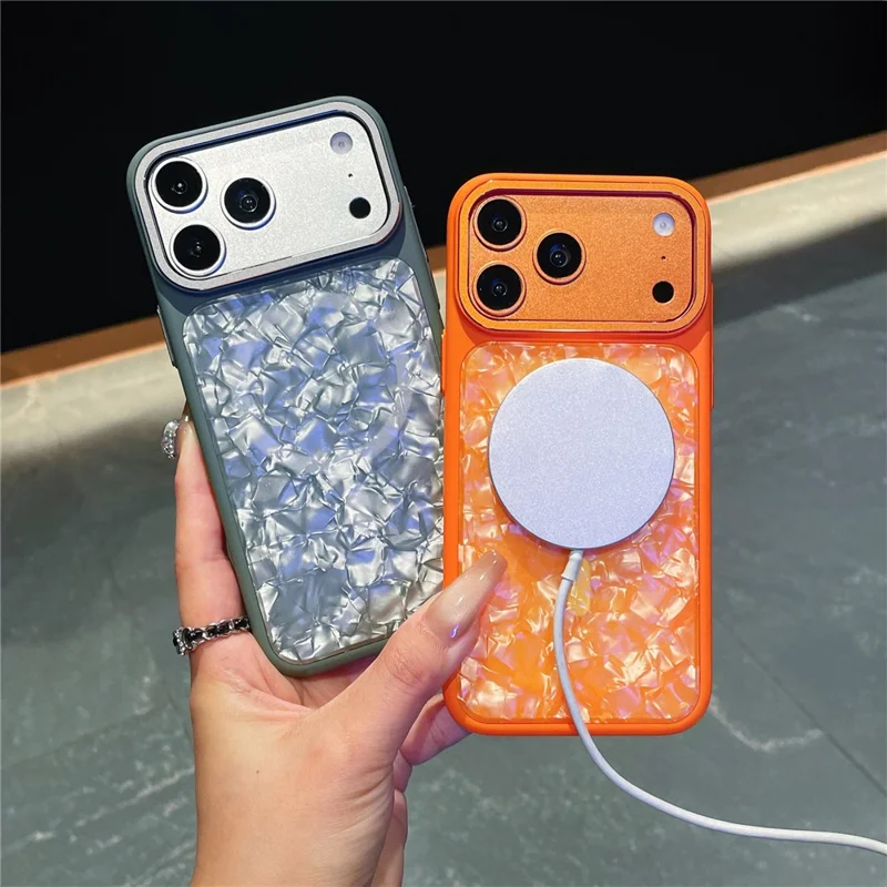 For iPhone 17 Pro Magnetic Case Shell Pattern TPU Shockproof Phone Cover with Tempered Glass Screen Protector - Purple