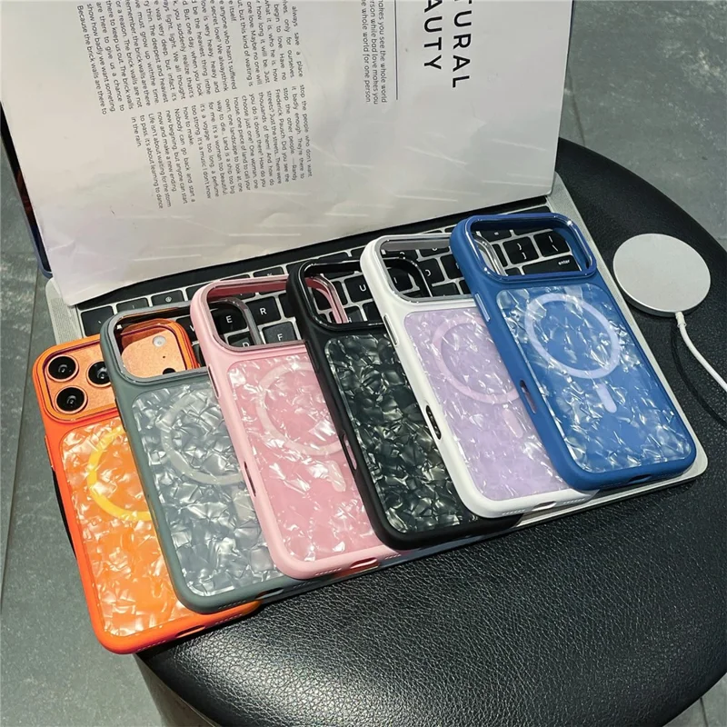 For iPhone 17 Pro Max Magnetic Case Shell Pattern TPU Shockproof Phone Cover with Tempered Glass Screen Protector - Purple