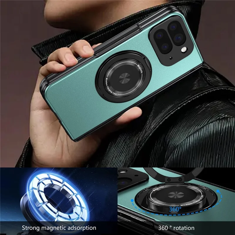 For Google Pixel 10 Pro Fold Magnetic Case Rotating Kickstand Hard PC Hinge Protection Folding Phone Cover with Tempered Glass Film - Lake Blue